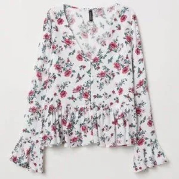 H&M Tops - H&M Floral Blouse - Red and White